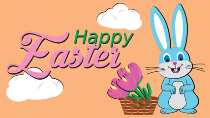 blue  cute easter bunny with flowers vector art