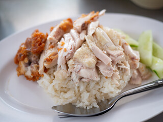 Hainanese Chicken Rice, Steamed chicken rice, Kao-Mun-Kai Thai street food.