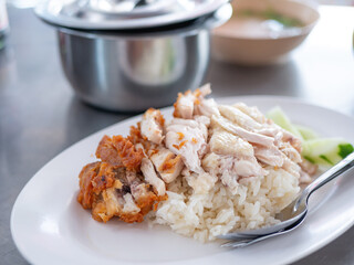 Hainanese Chicken Rice, Steamed chicken rice, Kao-Mun-Kai Thai street food.