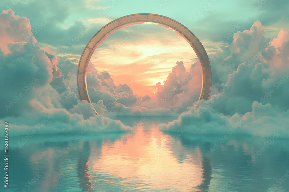 Poster golden circular portal above calm water, surrounded by pastel clouds and a sunset, creating a serene