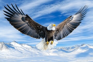Obraz premium A bald eagle swooping down, its beak open and powerful talons extended