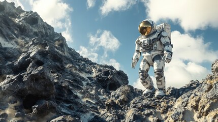Astronaut standing proudly on a rocky mountain peak in a space suit against a vast open sky