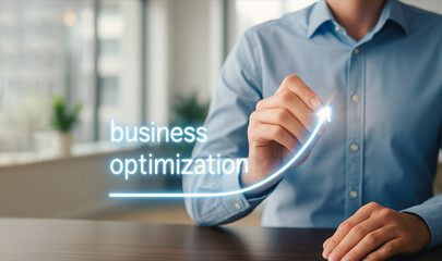 A business professional interacts with a holographic interface displaying "business optimization", signifying strategic enhancement and efficiency.