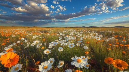 Fototapeta premium Floral field with white and orange flowers under cloudy sky. Suitable for design of nature scenes, advertising of tourist destinations, design of nature blogs.