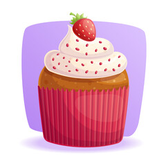 Delicious cupcake decorated with cream, sprinkles and strawberries on a purple background. The concept of confectionery, baking, cooking. Vector illustration for the design of menus, posters, banners