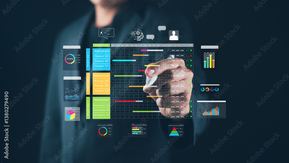 Poster a business professional interacts with a digital data interface, showcasing charts and analytics in 