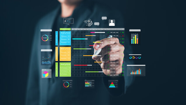 Project manager task business chart KPI work schedule, tasks plan system Scheduling analysis activities representing corporate efficiency, productivity, and timeline tracking calendar