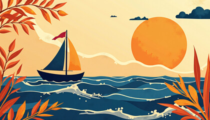 Naklejka premium a painting of a sailboat in the ocean at sunset with the sun and water in the background