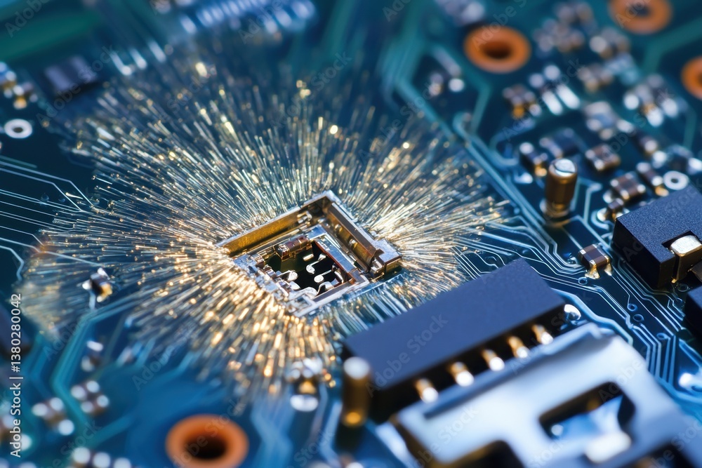 Poster close-up of a circuit board showing electrical sparks and microchip details in a tech environment