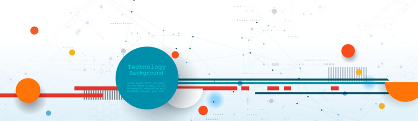 Vector illustration abstract modern technology design. White circle, geometric shape, wave wireframe line pattern and circuit board on white - grey background. Technology concept for banner, template