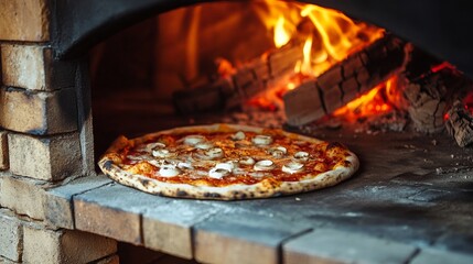 Rustic wood-fired pizza baking in traditional brick oven with flames
