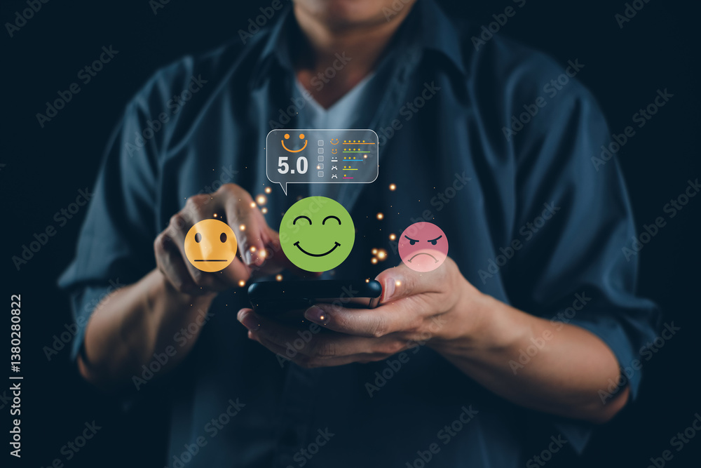 Poster a person holds a smartphone displaying emoticons and a rating, symbolizing feedback or interaction i