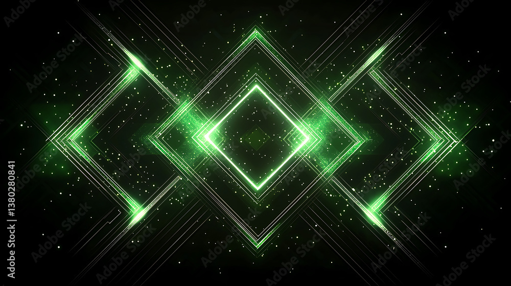 Poster a green and white image of squares and triangles with a green background