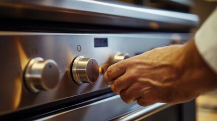Close-up of a hand adjusting stainless steel oven knob in kitchen setting
