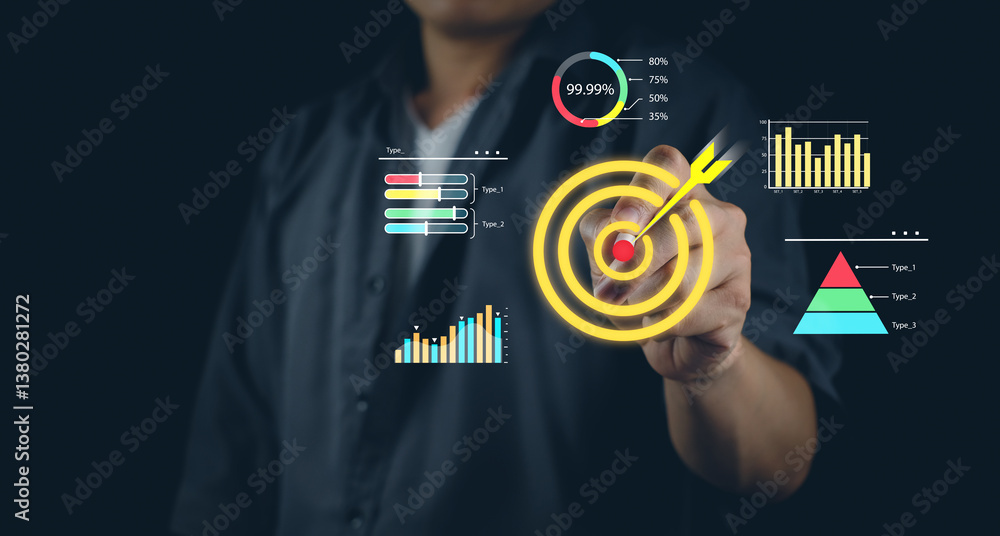 Poster a person interacts with digital graphs and targets, showcasing data analysis and business strategy i
