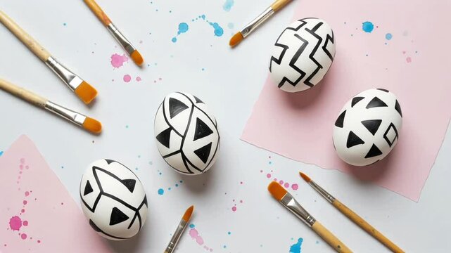 several Easter eggs with graphic designs lie on the table, paintbrushes lie nearby
Easter, eggs,many, several, painted, patterned, geometry, line, brushes, brush, folk art, design, spring, festive, ce