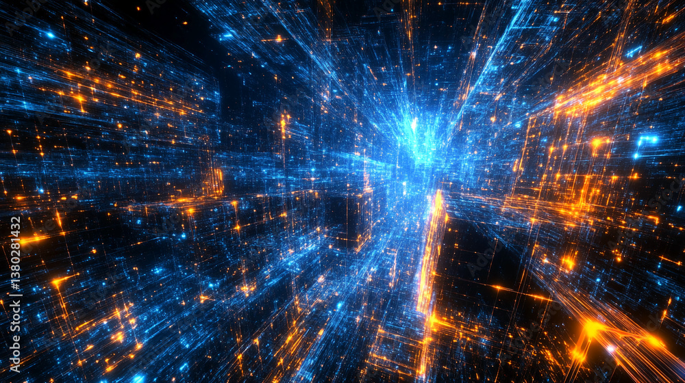 Poster abstract digital artwork featuring blue and orange glowing lines, creating a sense of depth and move
