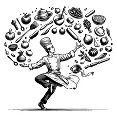 chef juggling fresh ingredients above a pan, perfect for culinary or restaurant branding engraving generative ai sketch PNG illustration