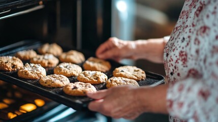 Elderly caucasian female baking cookies in kitchen oven