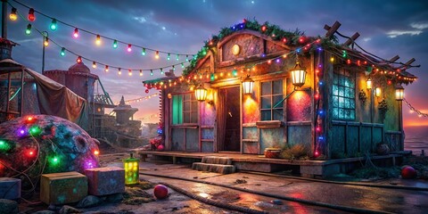 Festive Beach Urban Exploration: Glowing Holiday Lights on Coastal Ruins