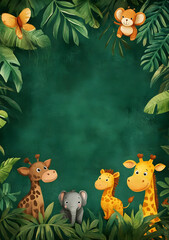 Fototapeta premium A playful illustration featuring a giraffe, elephant, and monkey among tropical foliage.