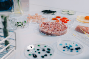 Team Asian scientists in a lab conducting food research using a microscope and lab equipment,...