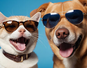 Laughing cat and dog wearing sunglasses on blue background