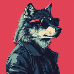 Cool Wolf Wearing Sunglasses and Leather Jacket in Pop Art Style