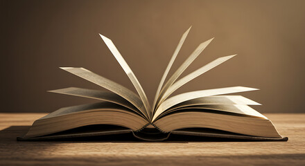 Fototapeta premium Open book with turning pages on wooden table against a neutral background 