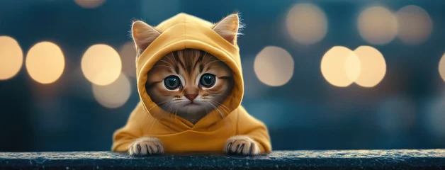 Fotobehang Dierenarts A fluffy cat wearing a yellow hoodie gazes amusingly at the camera with a vibrant blue backdrop enhancing its charm  © lililia