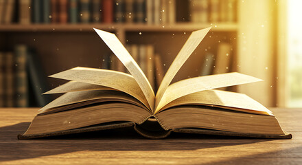 Obraz premium Open book with pages turning in warm library setting 