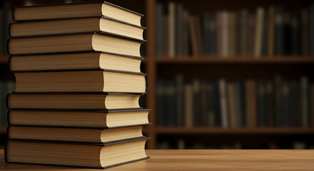Fototapeta premium Stack of books on a wooden table in a library background 