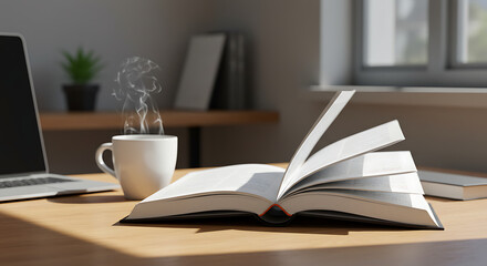 Fototapeta premium Book Open with Steam Rising from Coffee Cup on Wooden Table 