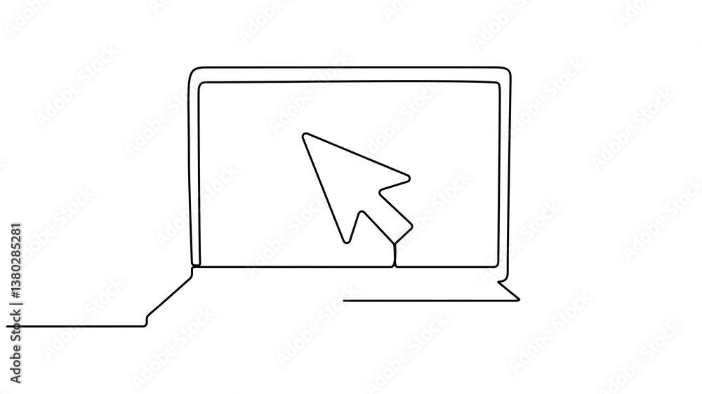 Poster laptop with mouse cursor continuous line drawn animated video. arrow pointer linear symbol animation