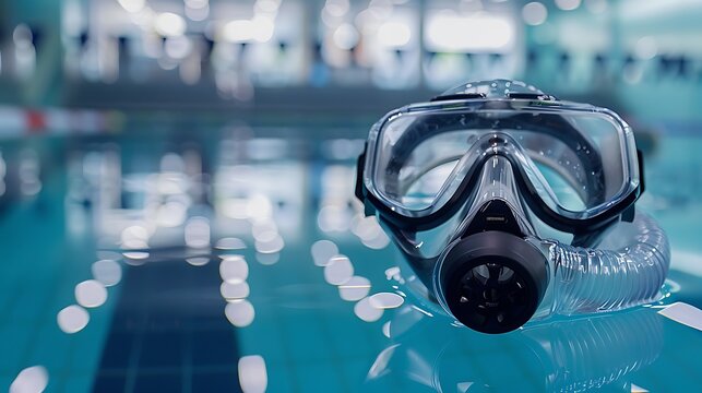 	A high-performance swimming snorkel with anti-fog technology, shown in an indoor swimming pool with lanes and a starting block