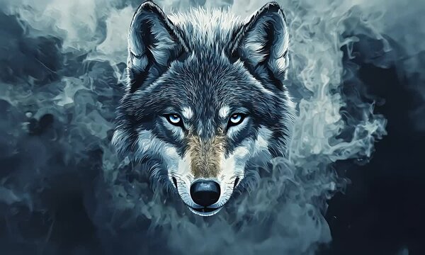 Majestic wolf with piercing blue eyes, surrounded by misty blue smoke, radiating power and mystique in a captivating display