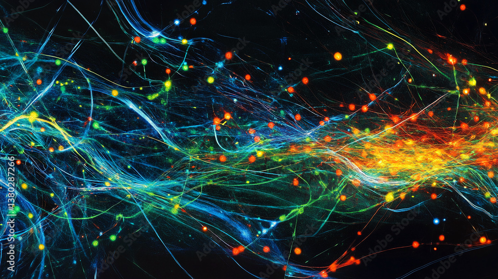 Aufkleber Abstract image of vibrant, multicolored lines and glowing orbs on a dark background, suggesting energy flow or cosmic phenomenon, ideal for science or design projects