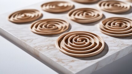 A minimalistic display of incense coils arranged in a spiral pattern on a smooth marble surface, their intricate curves casting