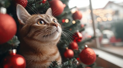 Obraz premium Ginger tabby peers from Christmas tree, red ornaments gleaming warmly inside