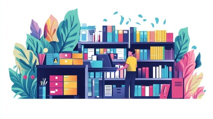 Fototapeta premium Organized office space with person arranging bookshelves