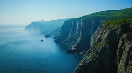 Fototapeta premium Coastal cliffs and deep blue ocean stretching into the horizon