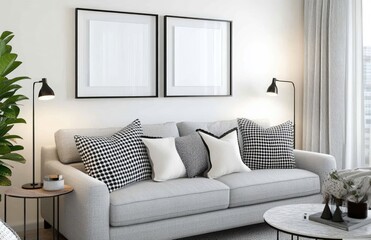 A simple living room with two blank picture frames on the wall above an elegant gray sofa, creating space for adding your own artwork