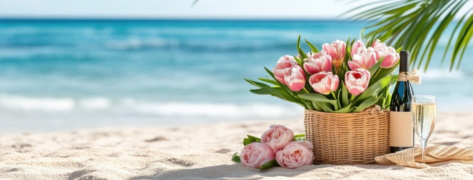 Pastel pink tulips, roses, and peonies adorn a blanket by the water as a basket holds wine, creating a romantic sunset moment