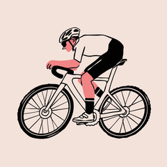 Fototapeta premium Person in helmet, sport suit riding bicycle. Cyclist in movement. Ride, cycling lifestyle, triathlon concept. Hand drawn modern Vector illustration. Isolated design element. Poster, print template