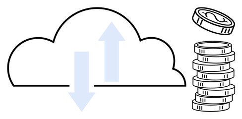 Cloud with arrows representing data upload and download next to coin stack. Ideal for fintech, cloud computing, investments, economy, digital transactions, savings, technology. Flat simple metaphor