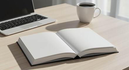Naklejka premium Open book and coffee cup on a desk with a laptop background 