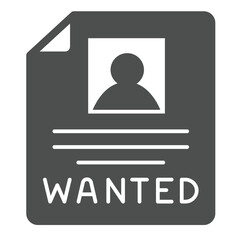 Poster paper with wanted criminal face solid icon, law enforcement concept. Vector graphics. Bandit wanted police paper sign on white background, glyph style icon for mobile or web design.