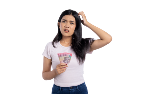 Confused young Asian woman scratching head while holding Indonesian rupiah banknotes, isolated on transparent background