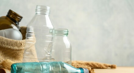 Variety of recyclable plastic and glass bottles displayed on a wooden table