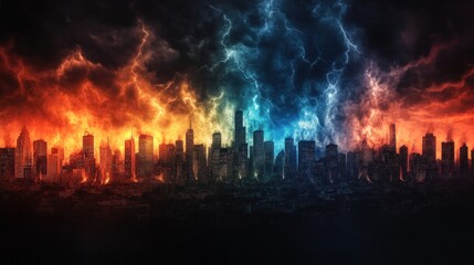 Apocalyptic Cityscape: Fiery Inferno and Icy Storm